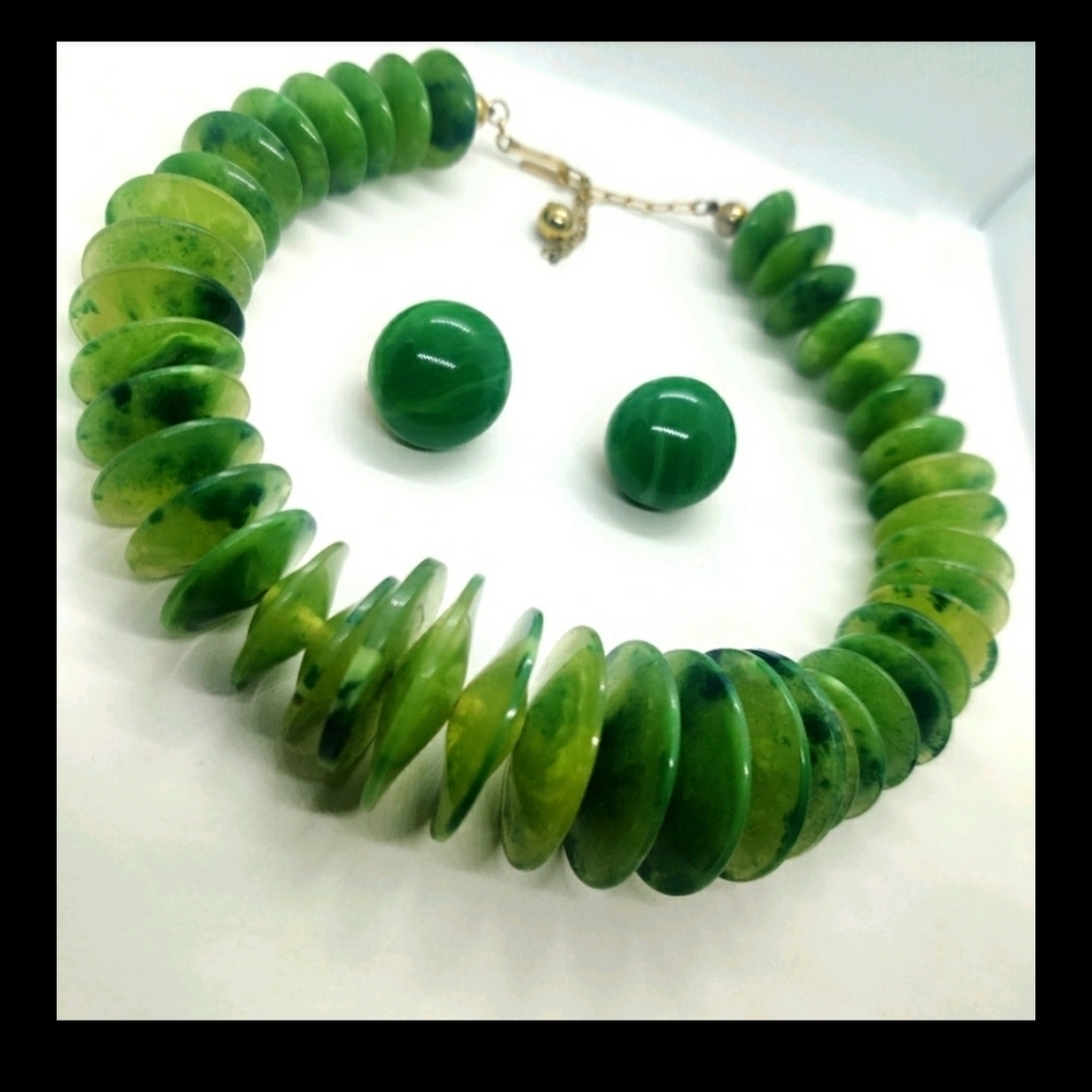 Vintage Trifari Lucite Green Faux Jade Massive Set